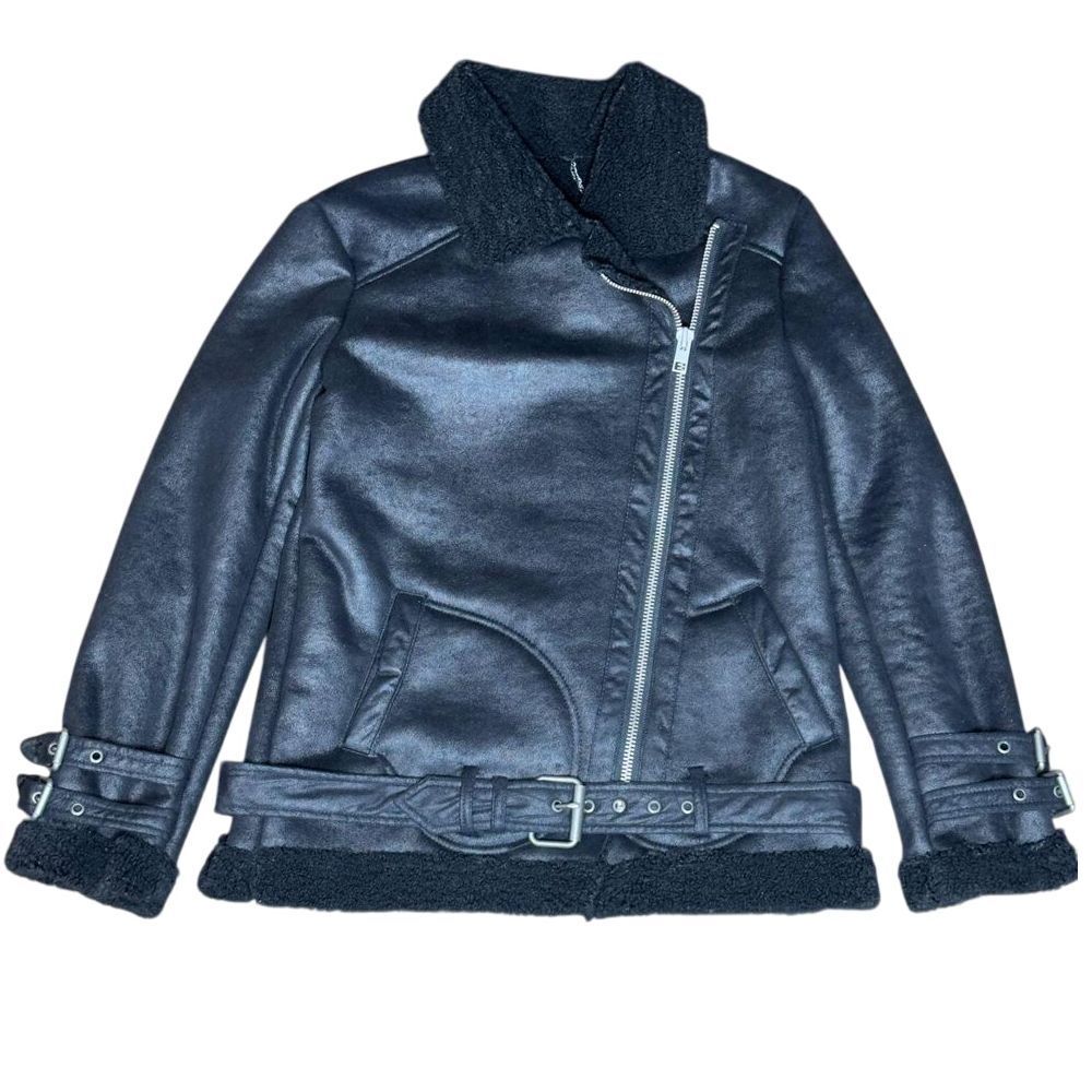 American Eagle Black Faux Leather‎ Moto Jacket Sherpa Collar Belted Coat Small